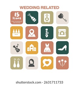 A charming collection of 15 flat design wedding icons capturing elements of marriage celebration and romantic events perfect for invitations and related digital content
