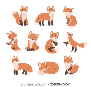 A charming collection of adorable fox illustrations in a fun and playful cartoon style, featuring various poses and expressions. Perfect for children's books, stickers, merchandise and nature designs