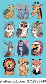 A charming collection of animal illustrations including a turtle, elephant, giraffe, owl, lion, fox, and more. Perfect for children's designs, stickers, and educational projects.