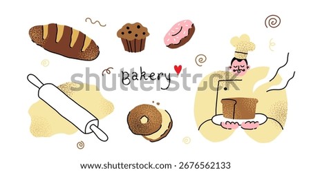 A charming collection of bakery and baking illustrations. This set features creative elements like a baker at work, fresh bread, and sweet treats, perfect for a cozy, handmade feel