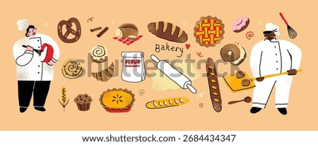A charming collection of bakery and baking illustrations. This set features creative elements like a baker at work, fresh bread, and sweet treats, perfect for a cozy, handmade feel