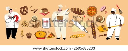A charming collection of bakery and baking illustrations. This set features creative elements like a baker at work, fresh bread, and sweet treats, perfect for a cozy, handmade feel