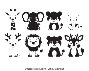 A charming collection of black and white cartoon animals perfect for children's d animal clip art silhouettes to add a touch of wildlife to any project.
