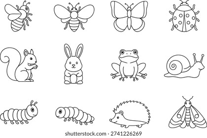 A charming collection of black and white outline drawings featuring various animals and insects, including bees, butterflies, squirrels, rabbits, frogs, and hedgehogs, perfect for children's coloring activities.