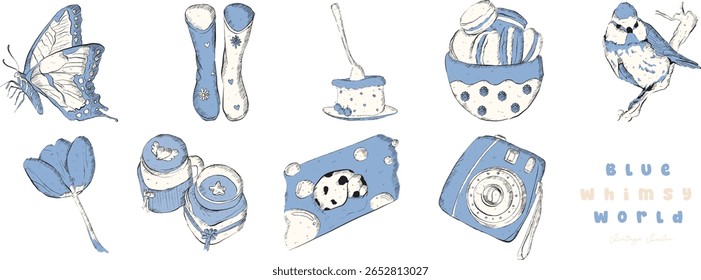 Uma coleção encantadora de delícias vintage azuis e brancas: borboleta, botas, bolo, macaron, pássaro, tulipa, jarra de geleia, joaninha, câmera - ilustração estilo retro clipart | Vetor