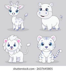 Charming collection of cartoon animal cubs in delicate blue and purple colors: tiger cub, giraffe cub, hippo, lion cub. Prints for children's clothes, stickers and decor for babies, design of developm