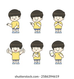 A charming collection of cartoon boy characters showcasing six different expressions and gestures.