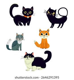 A charming collection of cartoon cat illustrations featuring different breeds and styles—black cats, tuxedo cat, gray and orange cats with playful, whimsical expressions. Perfect for kids and sticker 