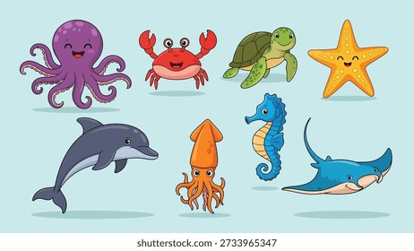 A charming collection of cartoon sea creatures with friendly faces perfect for children designs and educational materials