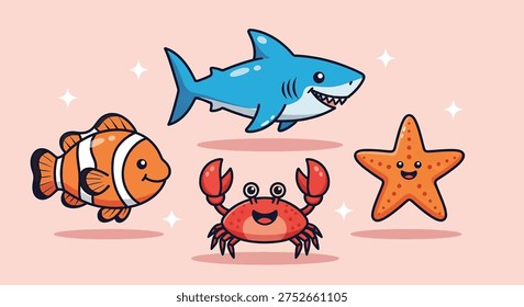 A charming collection of cartoon sea creatures including a shark, clownfish, crab, and starfish.