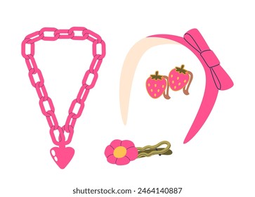 Charming Collection Of Children Jewelry, Featuring A Pink Plastic Heart Necklace, Cute Strawberry Earrings And Hairpin