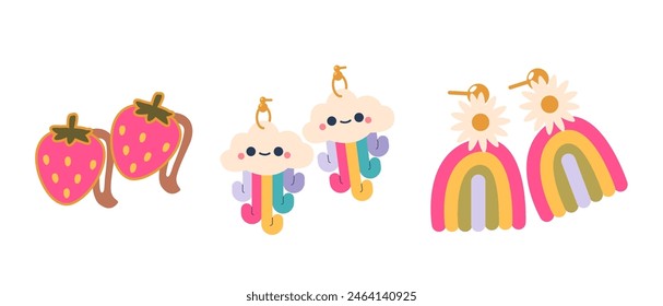 Charming Collection Of Children Jewelry Featuring Kawaii Strawberry Hairpins, Cloud With Rainbow Drops And Earrings