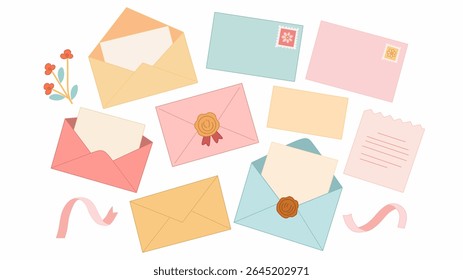 A charming collection of colorful envelopes with letters, wax seals, stamps, and ribbons in flat style. Perfect for greeting cards, stationery, wedding invites, and digital scrapbooking.