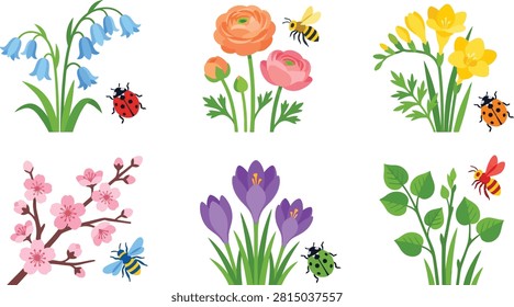 A charming collection of colorful spring flowers and cheerful garden insects depicted in a delightful illustration