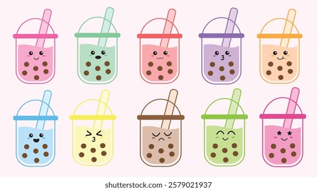 A charming collection of cute boba drink illustrations, perfect for adding a fun and refreshing touch to any creative project.