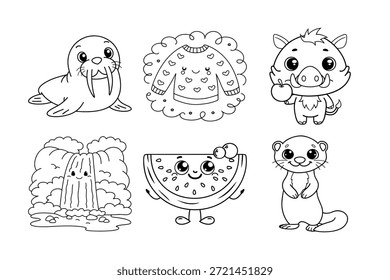 Coleção encantadora de bonitos desenhos animados e objetos em preto e branco estilo de arte, perfeito para colorir páginas e ilustrações das crianças