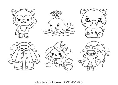Charming Collection of Cute Cartoon Animals in Black and White Line Art, Perfect for Coloring Books and Children's Illustrations