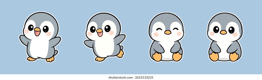 A charming collection of cute cartoon baby penguins with different poses and expressions. Perfect for children's designs, animals, or mascots.