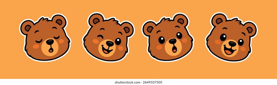 A charming collection of cute cartoon bear heads with different expressions, perfect for stickers, children's designs, or mascots.