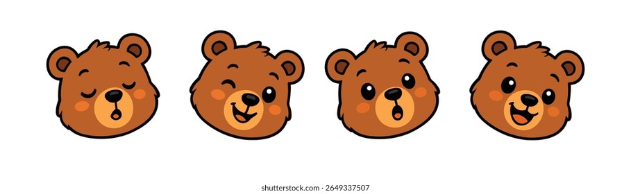 A charming collection of cute cartoon bear heads with different expressions. Perfect for children's designs, animals, or mascots.