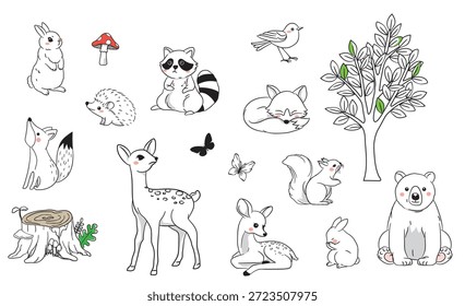 Uma coleção encantadora de animais de desenhos animados bonitos, incluindo um guaxinim de veado-raposa e esquilo com árvores e cogumelos.