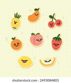 Charming Collection of Cute Fruit Stickers. Perfect for Fun and Whimsical Designs. Adorable Icons. Apples, Bananas, Cherries, Strawberries. Isolated Flat Vector Art.