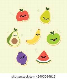 Charming Collection of Cute Fruit Stickers. Perfect for Fun and Whimsical Designs. Adorable Icons. Apples, Bananas, Cherries, Strawberries. Isolated Flat Vector Art.