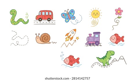 Charming collection of cute, hand-drawn vector illustrations suitable for children's themes. Features a snake, car, butterfly, sun, flower, snail, rocket, train, and fish. Playful and colorful designs for various projects.