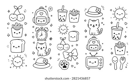 A charming collection of cute kawaii hand-drawn doodle elements featuring adorable cartoon-style outline icons. This vector set includes smiling backpacks, bubble tea, French fries, cats, cherries, bread, alarm clocks, happy suns, bows, hats, televisions, paw prints, utensils, and other playful objects. Perfect for planner stickers, scrapbooking, journaling, children's designs, stationery, social media graphics, branding, printable crafts,  greeting cards, and creative design projects. High-quality editable vector illustrations with clean black outline style, isolated on a white background.