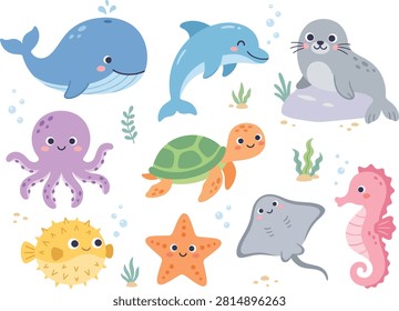 A charming collection of cute kawaii sea animals designed in a vector illustration style. Features friendly marine life characters perfect for children's projects and stationery.
