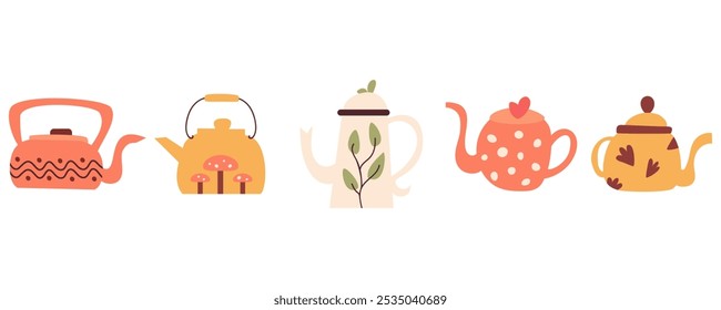 A charming collection of cute vector teapots, featuring playful designs and vibrant colors, perfect for enhancing any creative project.