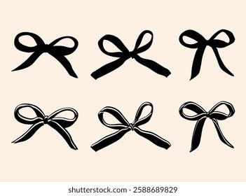 A charming collection of delicate black ribbon bows in a coquette aesthetic. These stylish bows are ideal for invitations, branding, packaging, social media, and decorative elements. 