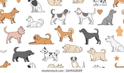 A charming collection of diverse dog breeds illustrated in a delightful pattern