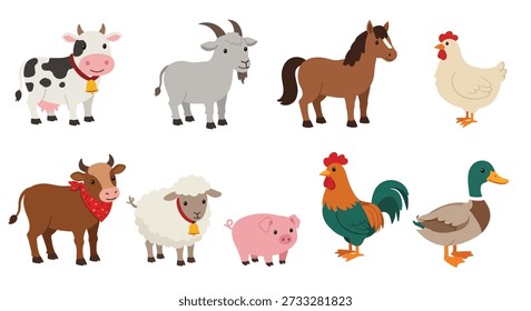 Una encantadora colección de ocho animales de granja distintos, representados en un alegre estilo de dibujos animados, mostrando sus apariencias únicas y su encanto lúdico.