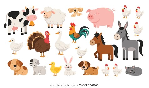 Uma coleção encantadora de animais de fazenda e aves para fins educacionais de crianças
