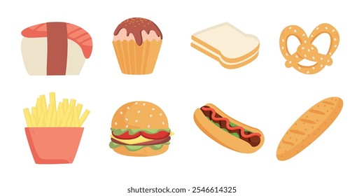 Eine charmante Kollektion von Illustrationen zu Fast Food und Backwaren mit Sushi, Muffin, Sandwich, Brezel, Pommes frites, Burger, Hot Dog und Baguette. Perfekt für Projekte im Lebensmittelbereich.