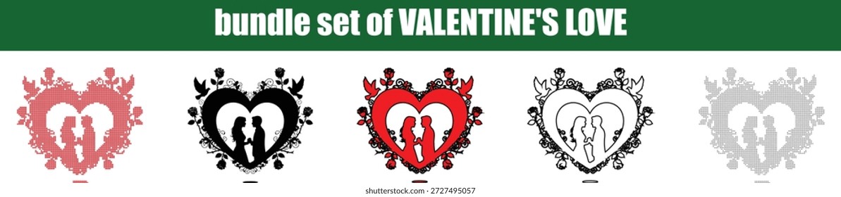 Eine charmante Kollektion von fünf romantischen herzförmigen Designs mit einem liebevollen Paar Silhouette in der Mitte umgeben von zarten Blumenmustern elegante Rollen und zwei anmutige Tauben Diese vielseitigen Illustrationen werden in verschiedenen Stilen präsentiert, darunter solide rote schwarze Umrisse und strukturiertes Grau, sodass sie ideal für Karten Einladungen und Dekorationen