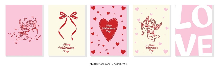 Eine charmante Sammlung von fünf Valentinstag-Karten mit kupferfarbenen Illustrationen, eleganten Bögen, Herzen und "Happy Valentine's Day"-Grüßen.