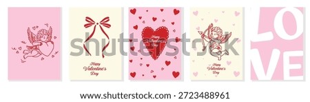 A charming collection of five Valentine's Day cards with cupid illustrations, elegant bows, hearts, and 
