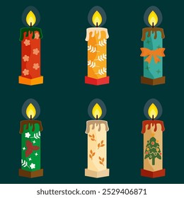 A charming collection of flat design Christmas candles, featuring festive patterns and vibrant colors. Perfect for holiday-themed projects, cards, and decorations, these illustrations add a warm, cozy