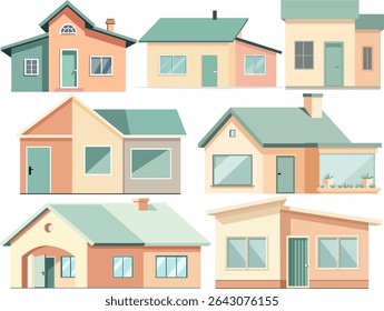 A charming collection of flat home design illustrations featuring various modern home styles in soft pastel colors. Each house is uniquely styled with clean lines, minimal shading, and a contemporary