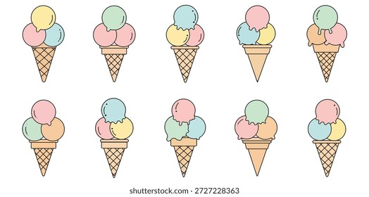 Una encantadora colección de conos de helado de arte de línea plana con varias cucharadas de colores pastel. Este conjunto de Vector es ideal para diseños de temática veraniega, menús de postres y la marca de tiendas de dulces.