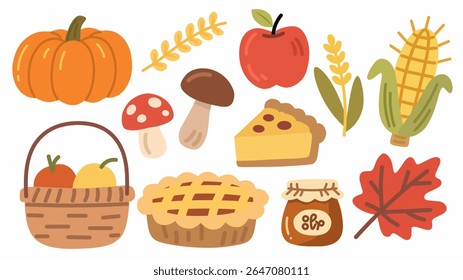 A charming collection of flat style harvest icons with cozy vibrant colors, including pumpkin, corn, apple, mushrooms, pie, wheat, jam, and fall leaves. Perfect for autumn and Thanksgiving design.