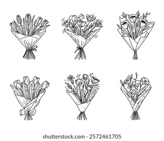 Charming Collection of Flower Bouquets with a Rustic Wrap for a Warm and Cozy Floral Presentation Theme Vector illustration
