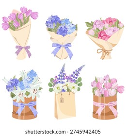 A charming collection of flower bouquets, suitable for various celebrations and special occasions, on a isolated background. Vector illustration.