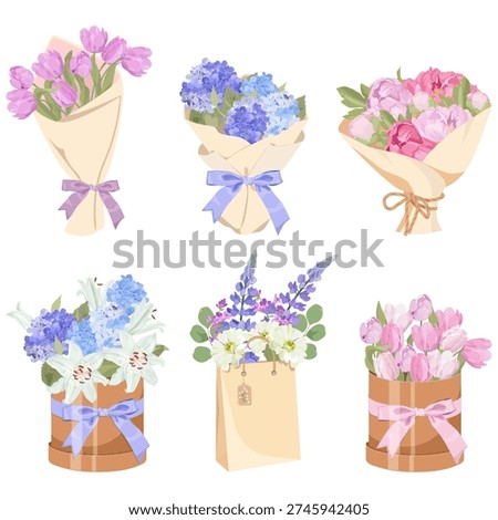 A charming collection of flower bouquets, suitable for various celebrations and special occasions, on a isolated background. Vector illustration.