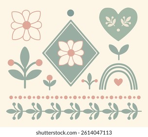 Charming collection of folk art vector elements in soft retro colors. Includes flowers, heart, rainbow and borders. Perfect for cards, stickers, logos, textile prints, DIY craft projects. Eco style