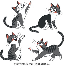 A charming collection of four black cat set silhouettes in various playful and curious poses. This minimalist vector illustration is perfect for cat lovers, pet-themed designs