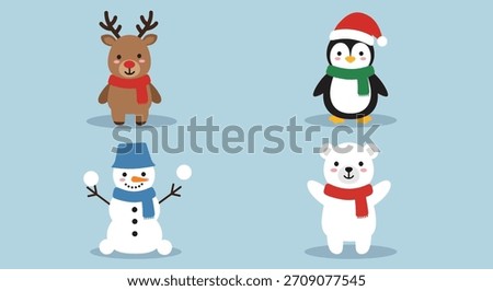 A charming collection of four cute cartoon Christmas characters: a reindeer with antlers, a penguin in a Santa hat, a snowman with a scarf, and a polar bear.
