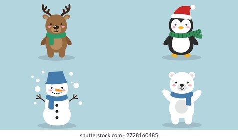 A charming collection of four cute, stylized cartoon characters in festive winter attire, perfect for holiday themes.